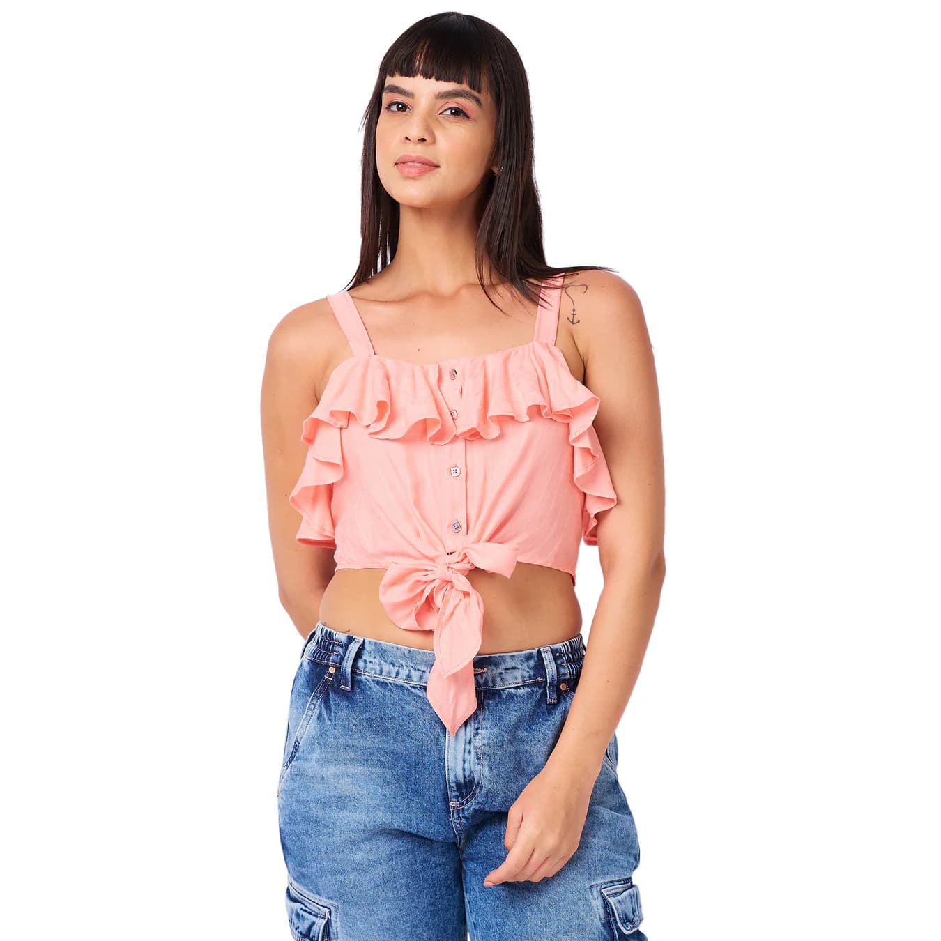 Women's Pink Casual Regular Fit Self-Design Crop Top