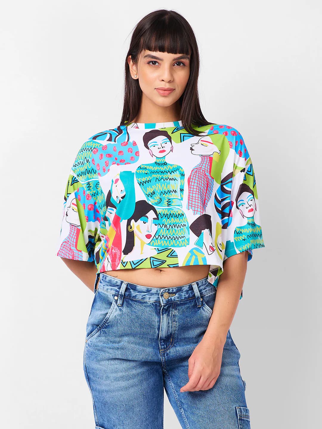 Women's Multicolor Casual Regular Fit Printed Crop Tshirt