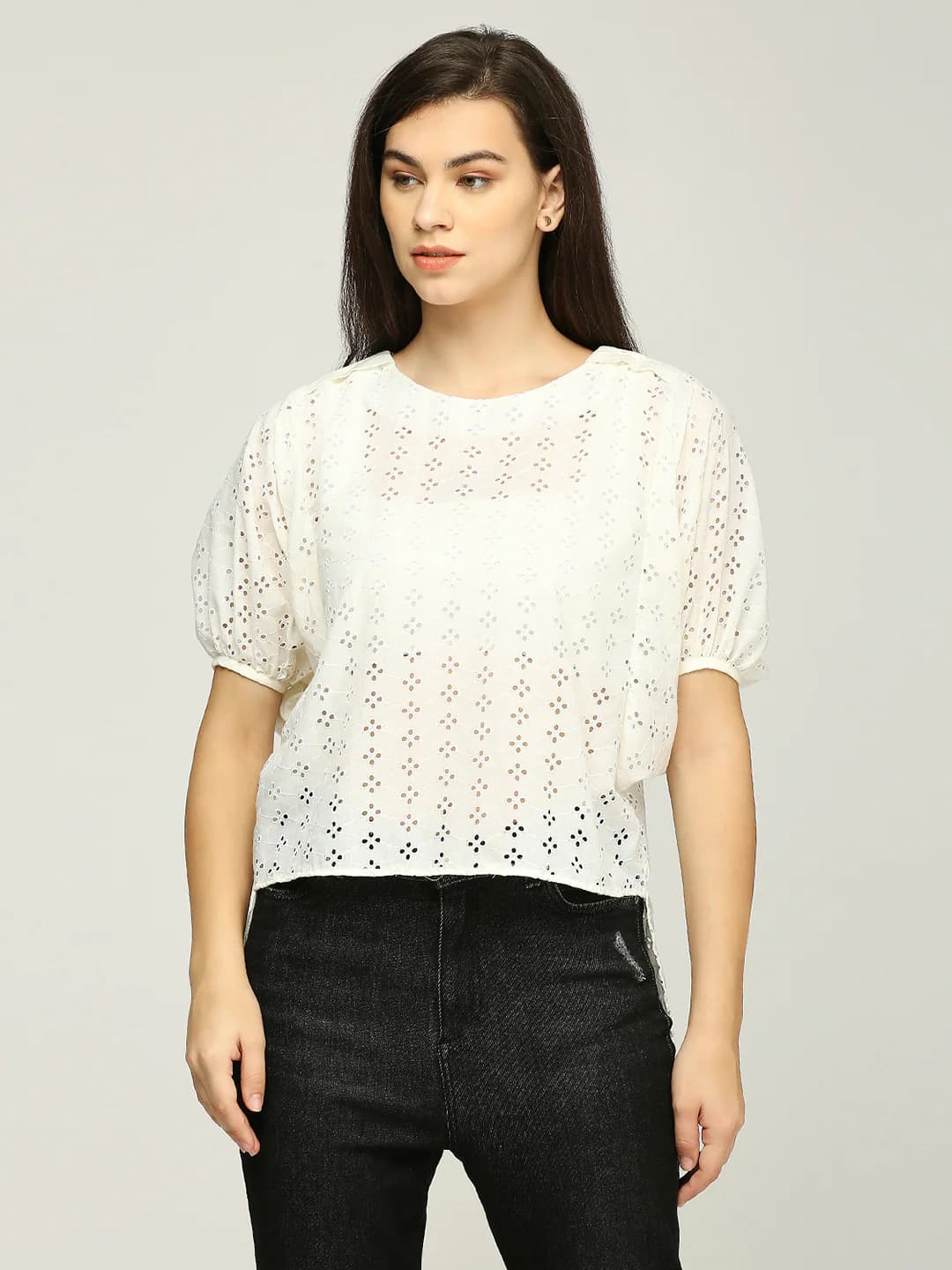 Women's White Casual Regular Fit Self-Design Boat Neck Crop Top