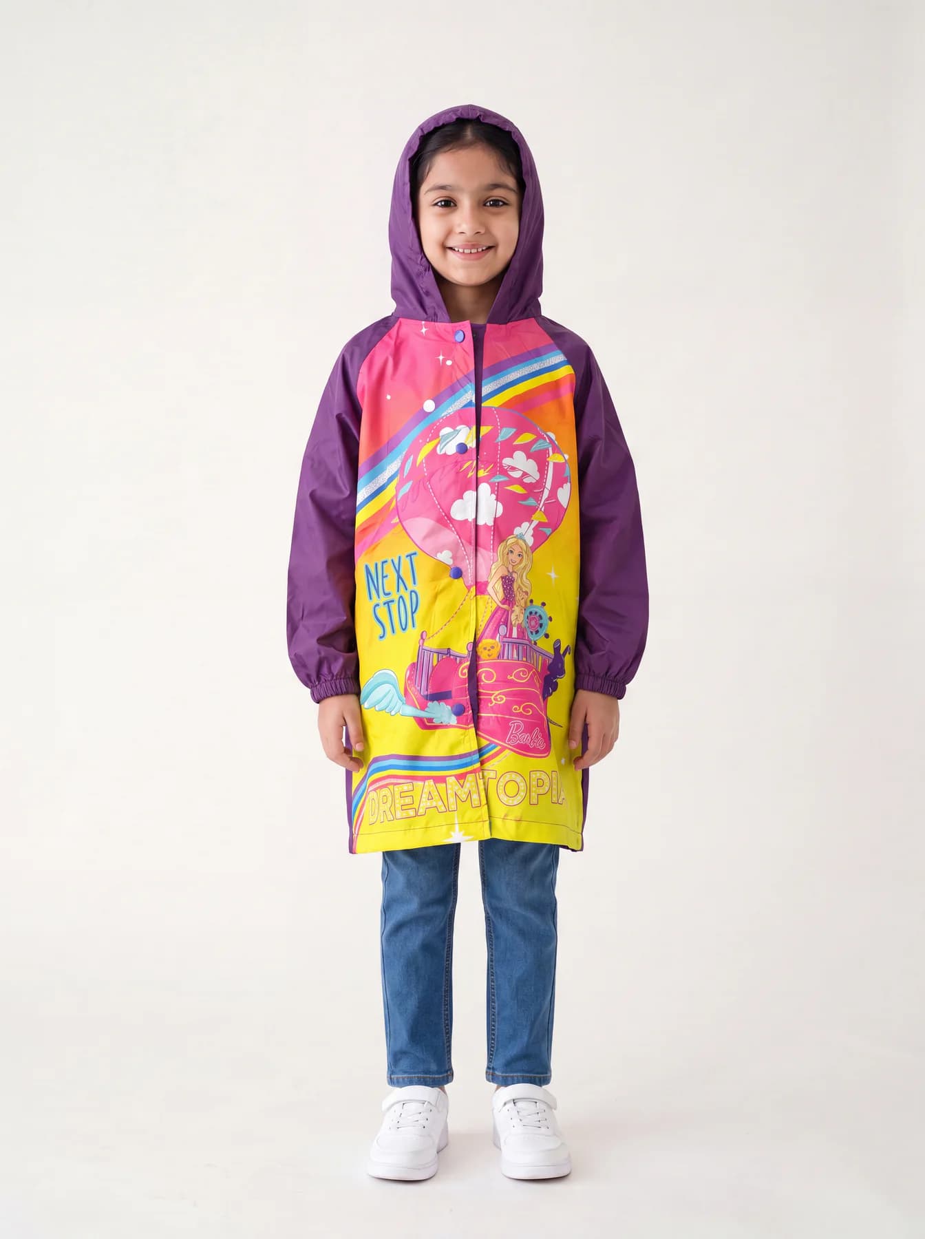 Girls Pink Regular Fit Full Sleeves Printed Rain Jacket