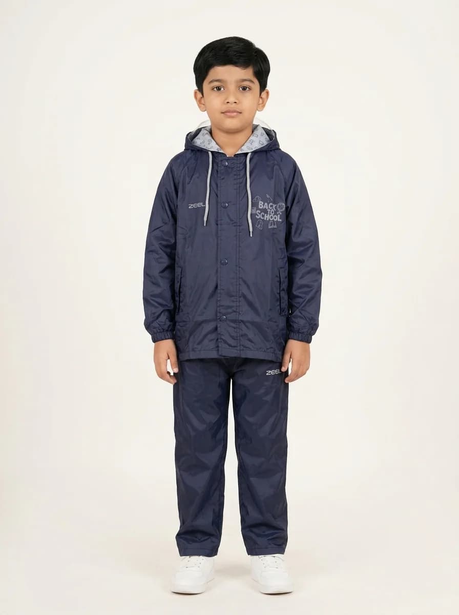 Boys Navy Regular Fit Full Sleeves Solid Rainsuit