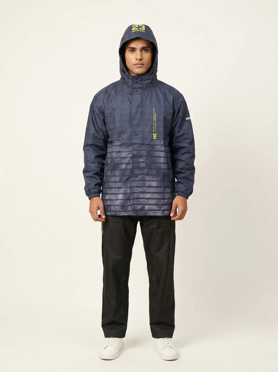 Men's Navy Regular Fit Full Sleeves Printed Rainsuit