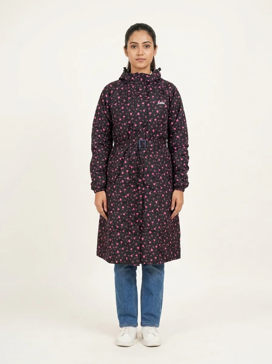 Women's Black Regular Fit Full Sleeves Polka Dot Rain Jacket