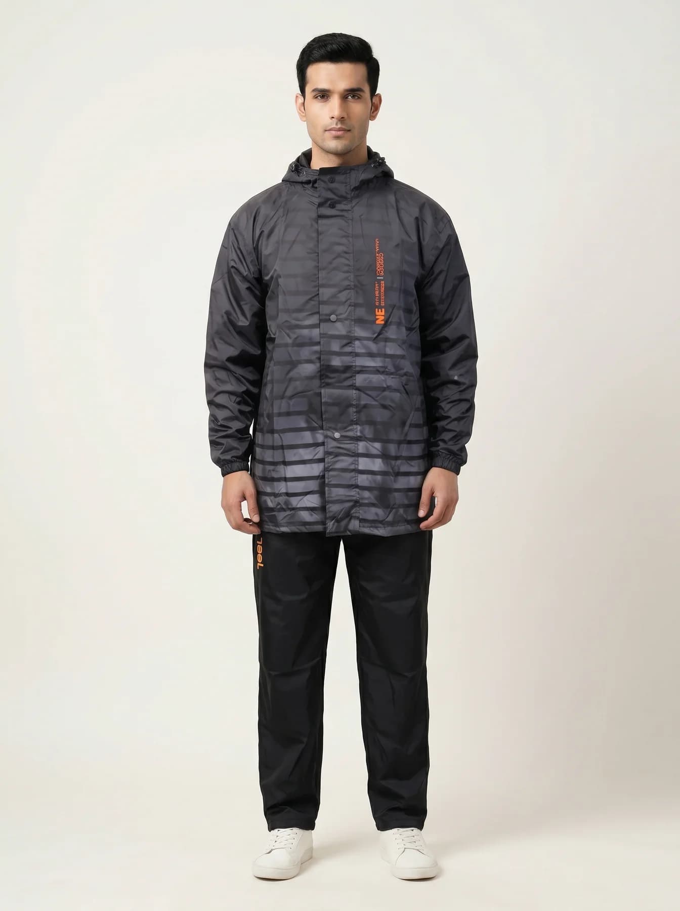 Men's Black Regular Fit Full Sleeves Printed Rainsuit