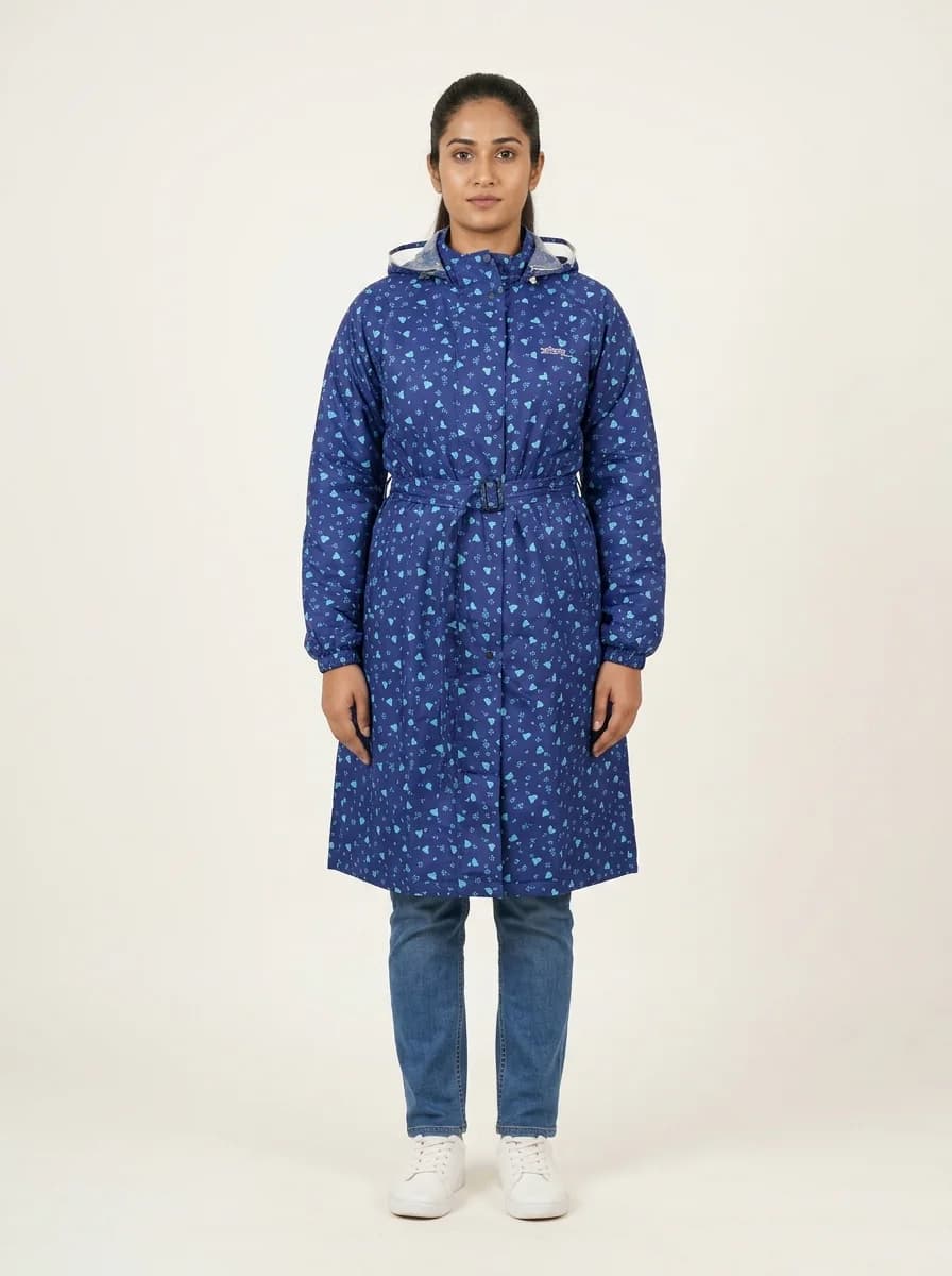 Women's Navy Regular Fit Full Sleeves Polka Dot Rain Jacket