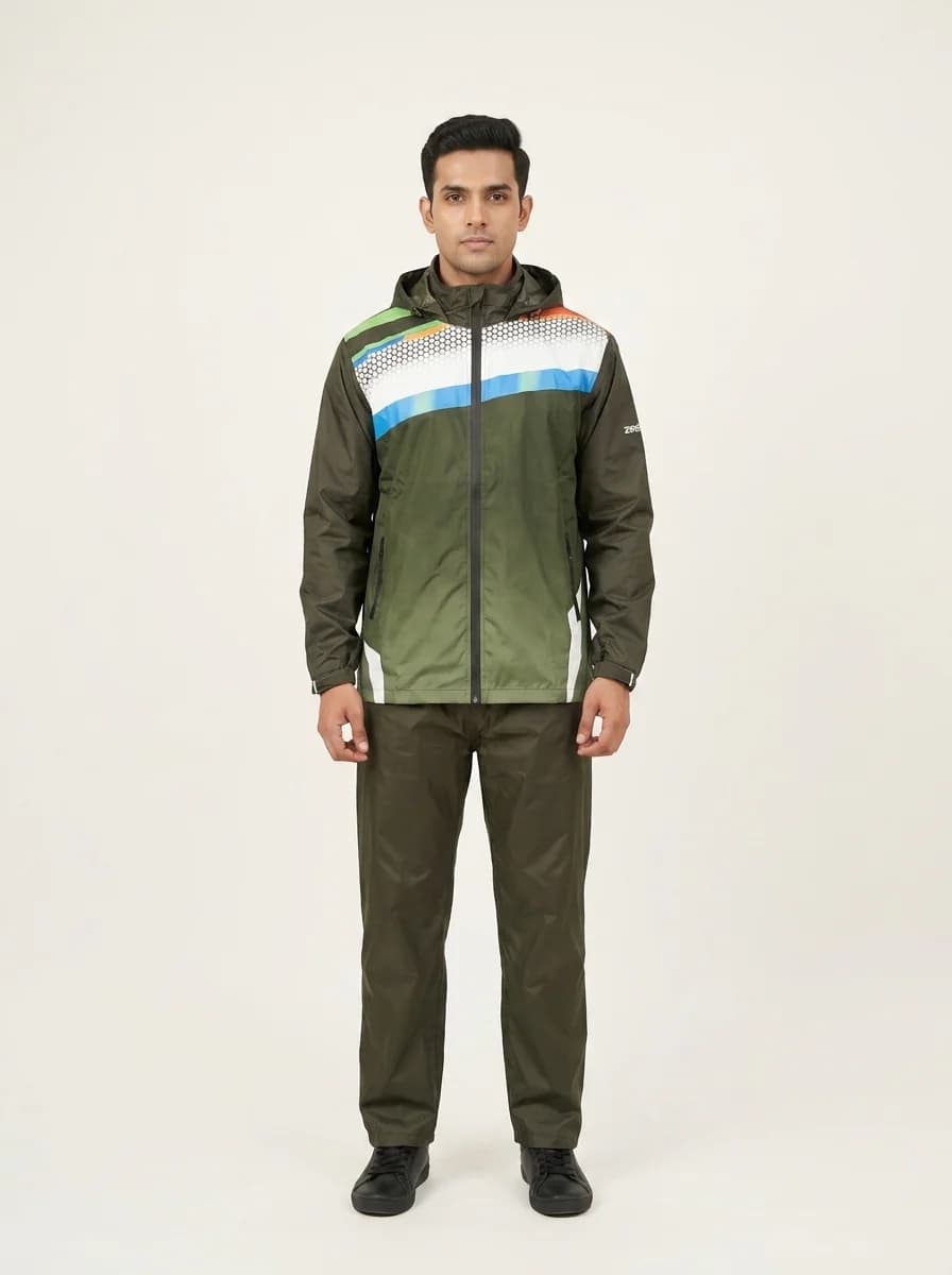 Men's Green Regular Fit Full Sleeves Solid Rainsuit