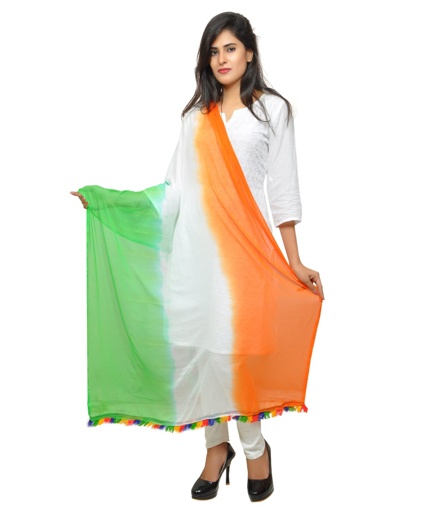 Women's Soft Chiffon Tricolour Dupatta with Multicolour Lace - Independence Day Special