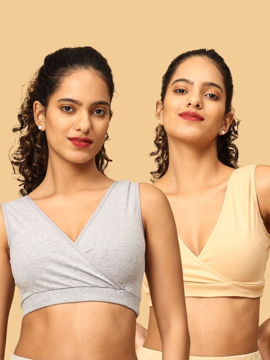 Women's Grey and Beige Non-Wired Full Coverage Non-Padded Maternity Nursing Sleep Bra - Pack of 2