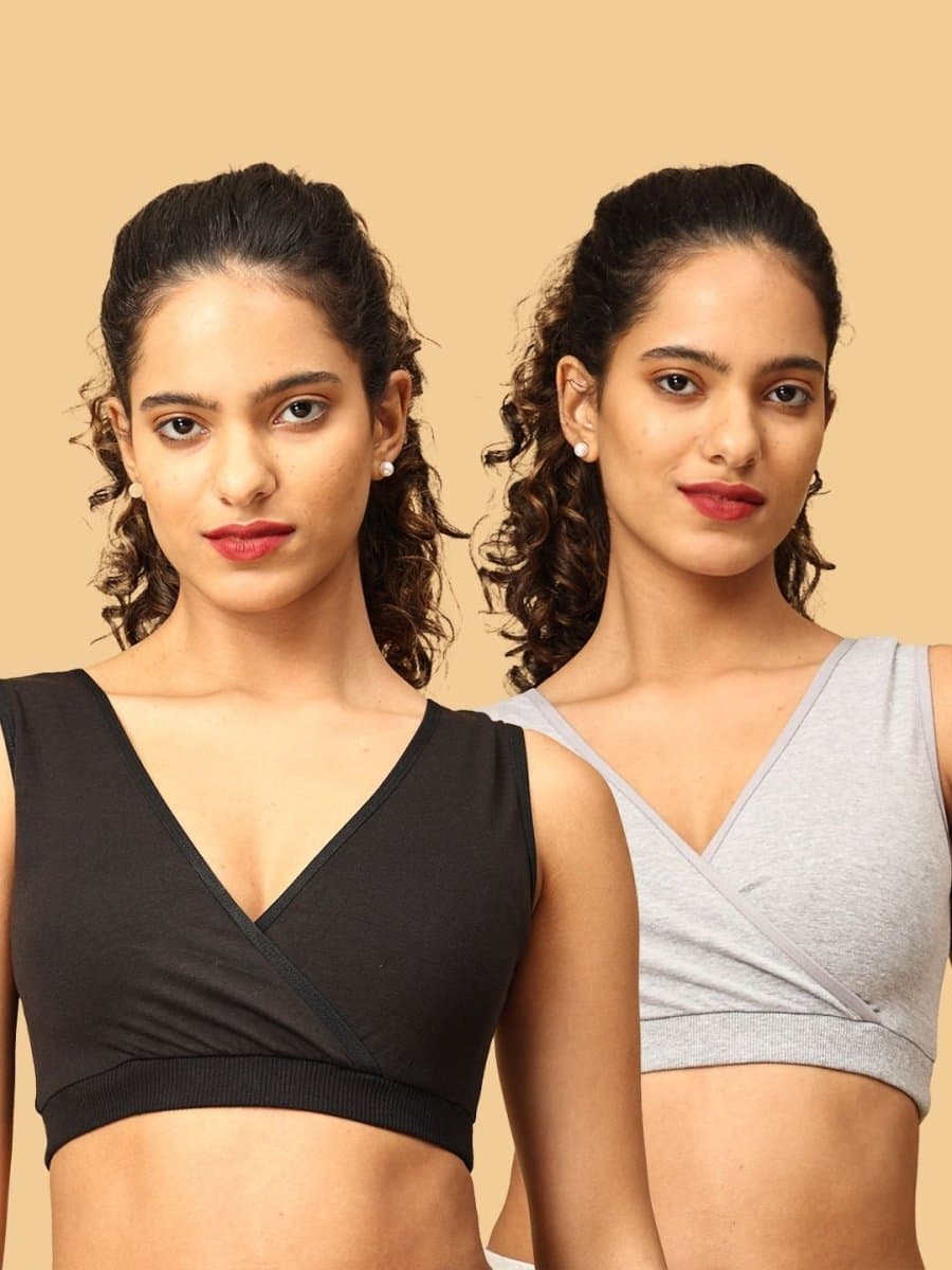Women's Grey and Black Non-Wired Full Coverage Non-Padded Maternity Nursing Sleep Bra - Pack of 2
