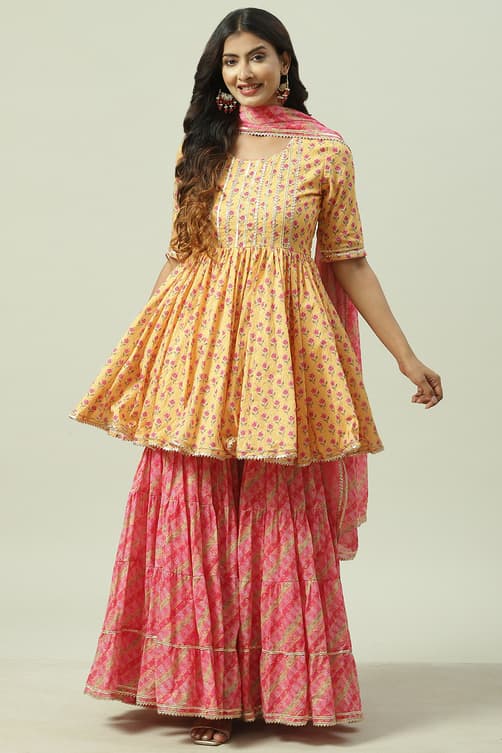 Women's Yellow Cotton Flared Kurta Garara Suit Set