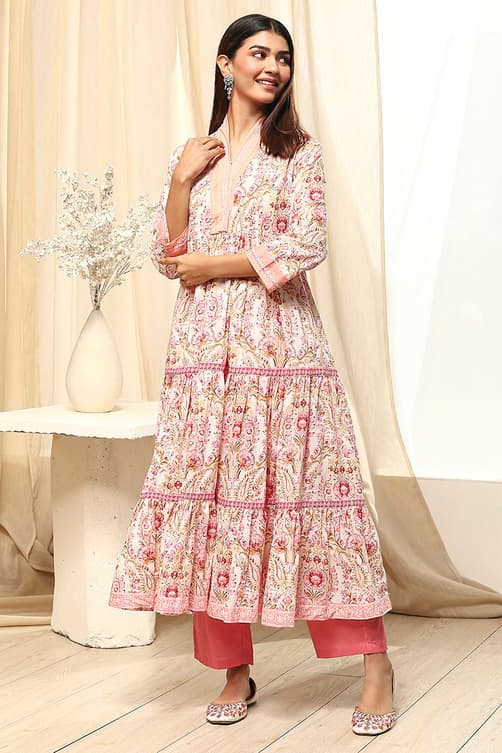 Women's Pink and Off-White Cotton Printed Gathered Kurta Set
