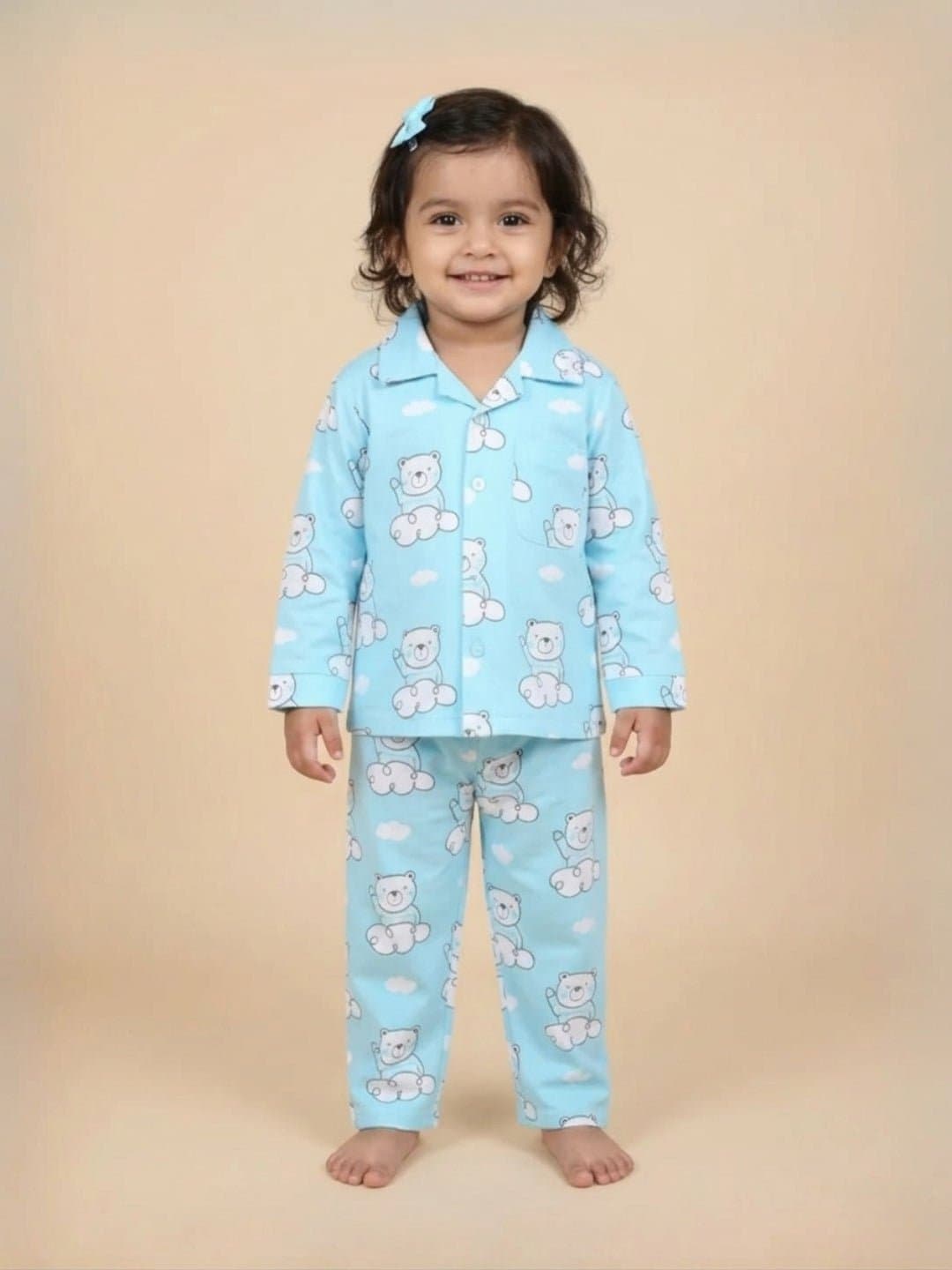 Girls Blue Casual Printed Regular Fit Shirt and Mid Rise Pyjama