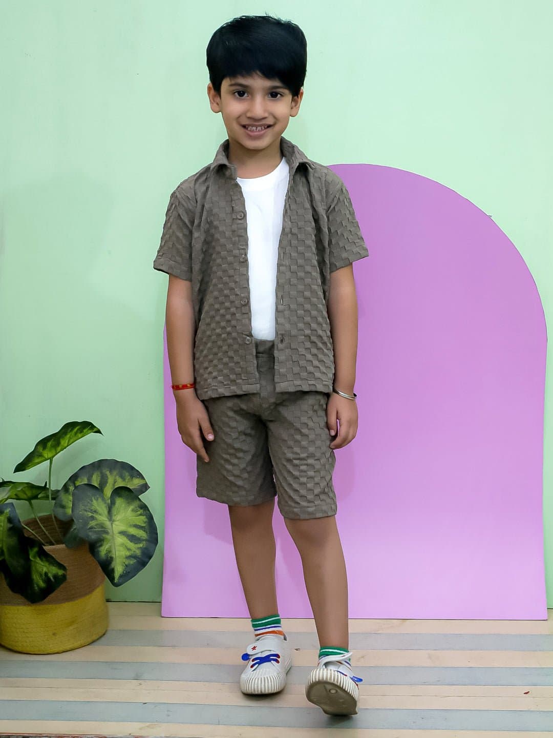 Boys Grey Casual Textured Regular Fit Co-ords Set