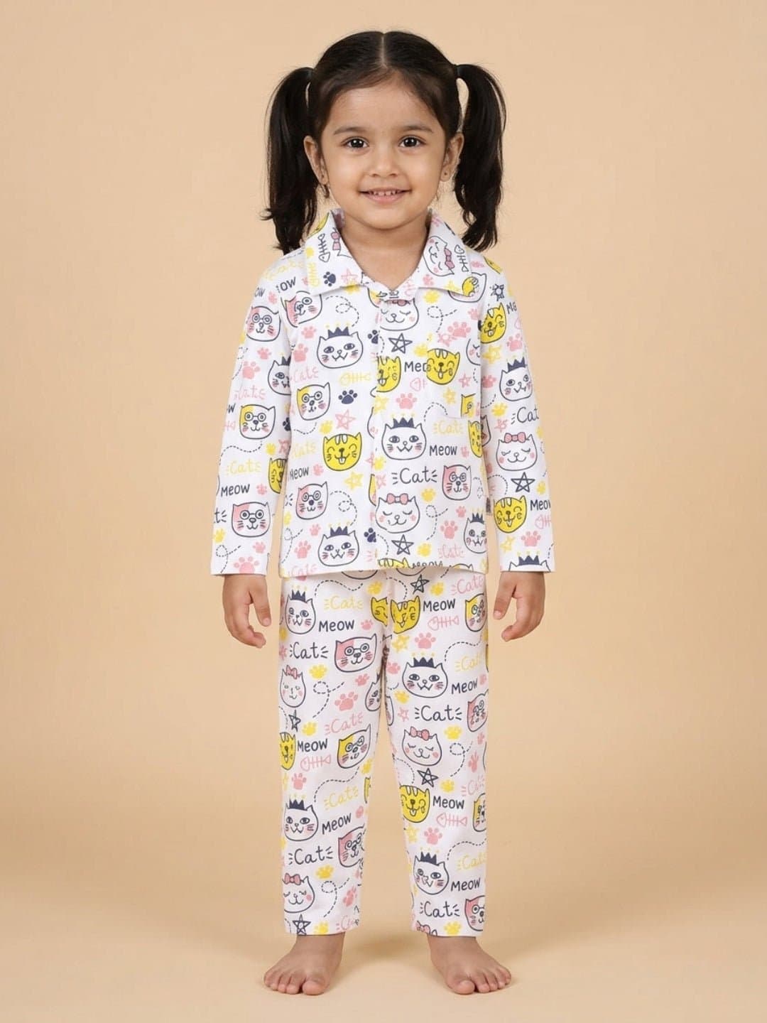 Girls White Casual Printed Regular Fit Shirt and Mid Rise Pyjama