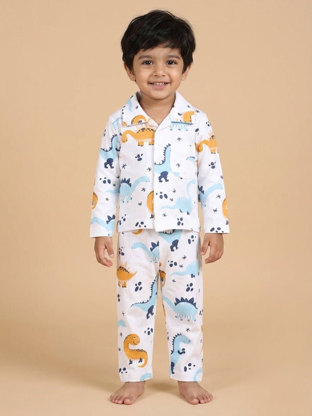 Boys White Casual Printed Regular Fit Shirt and Mid Rise Pyjama