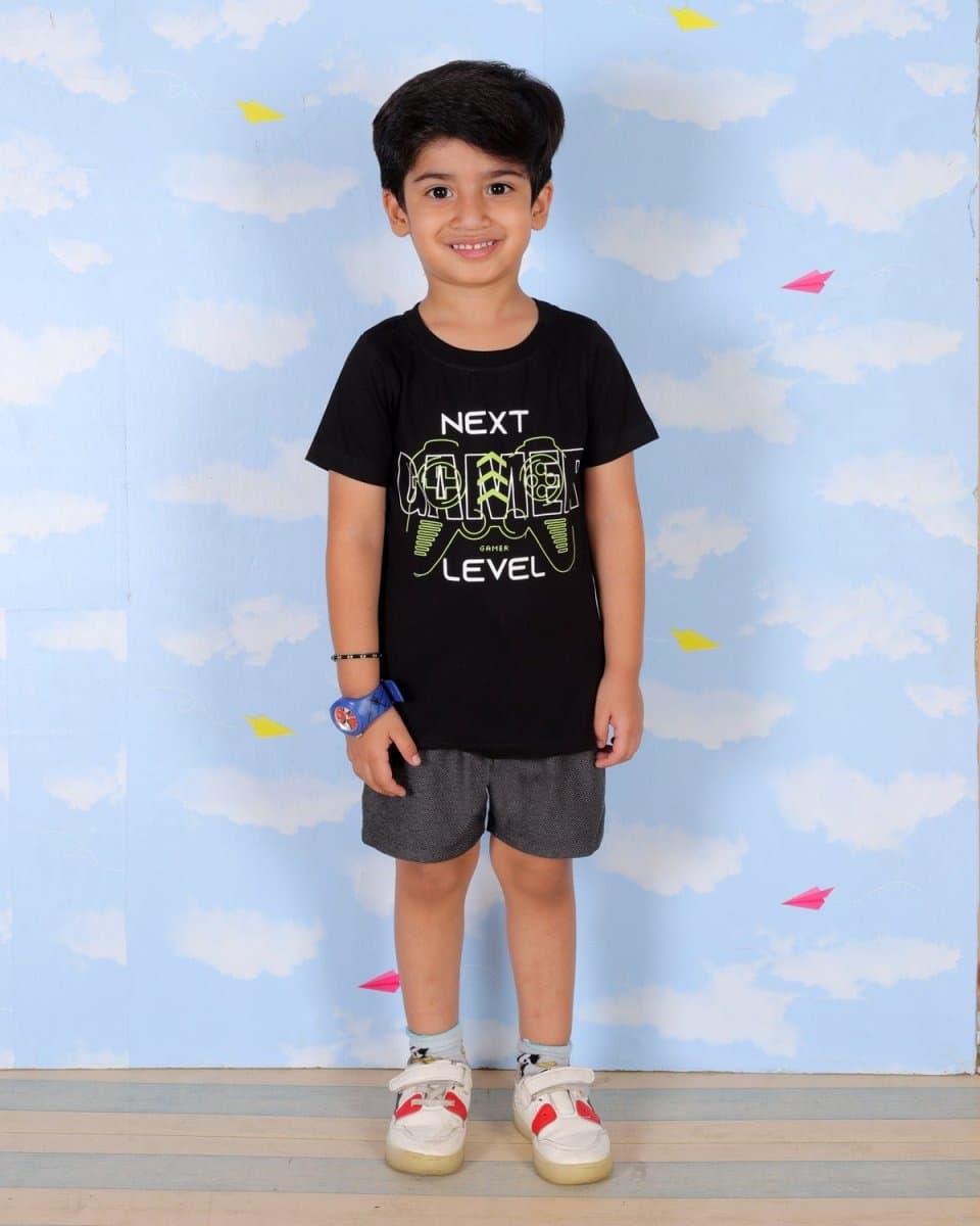Boys Black Casual Printed Regular Fit Clothing Set