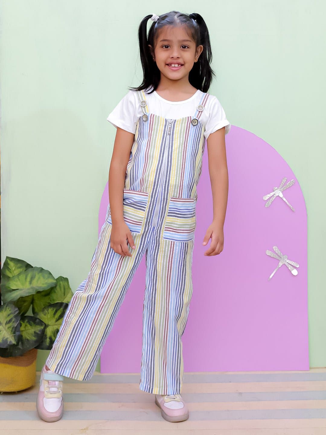 Girls Multicolor Casual Striped Regular Fit Shoulder Strap Dungaree