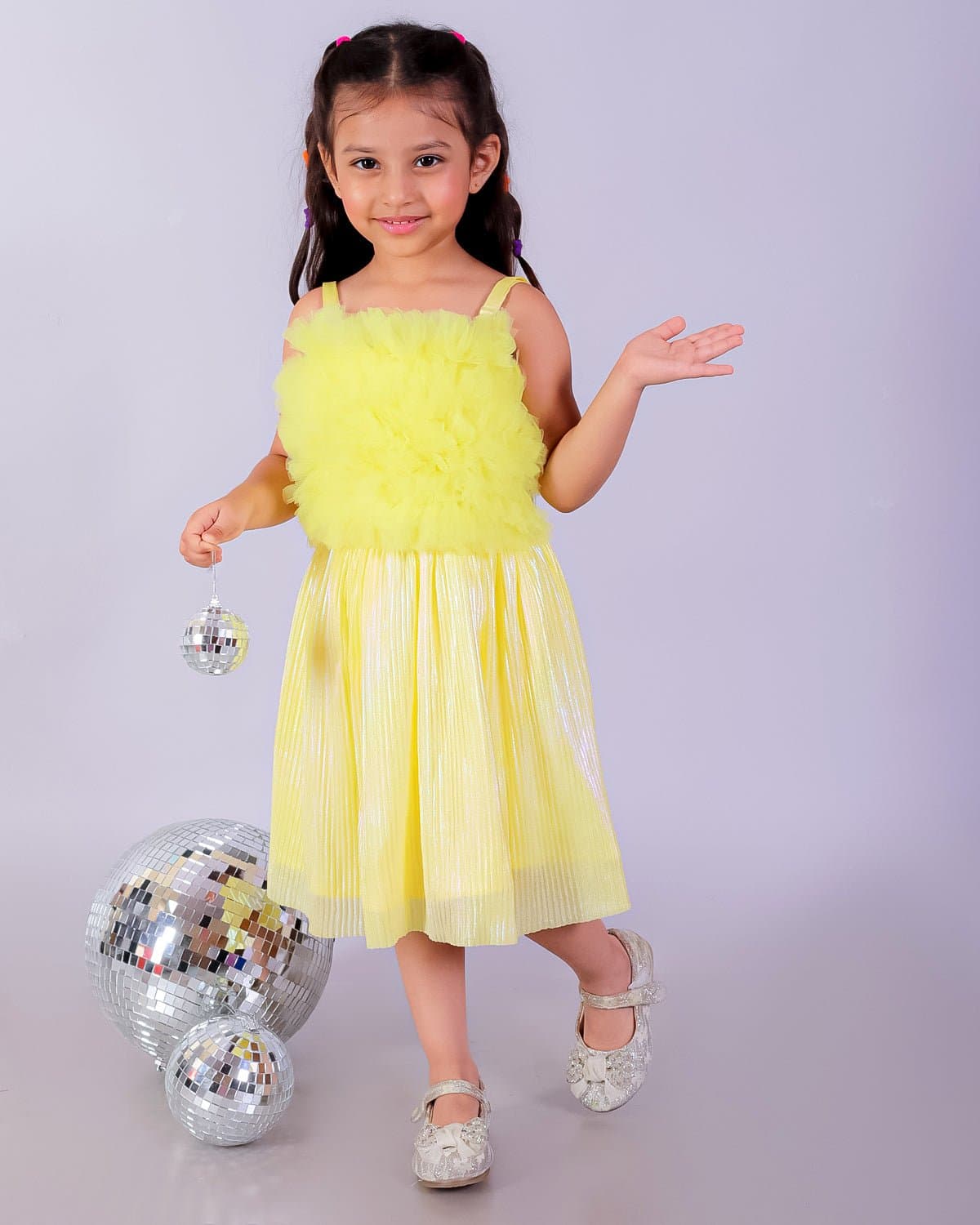 Girls Yellow Party Textured Regular Fit Shoulder Strap Co-ords Set