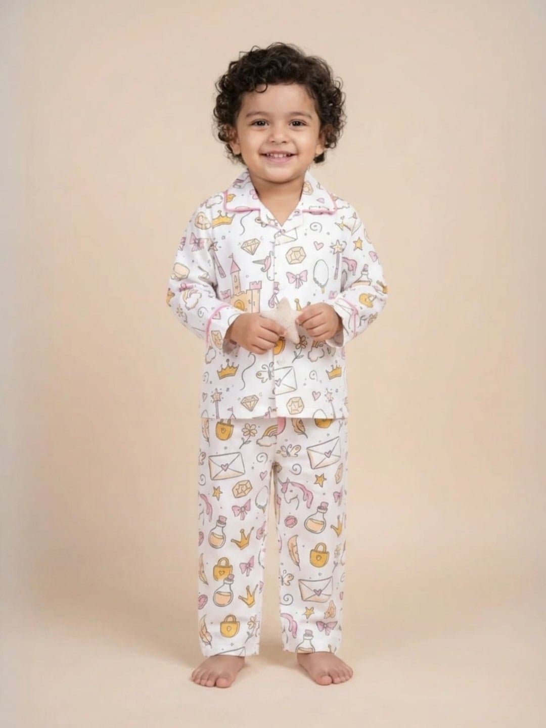 Boys White Casual Printed Regular Fit Shirt and Mid Rise Pyjama