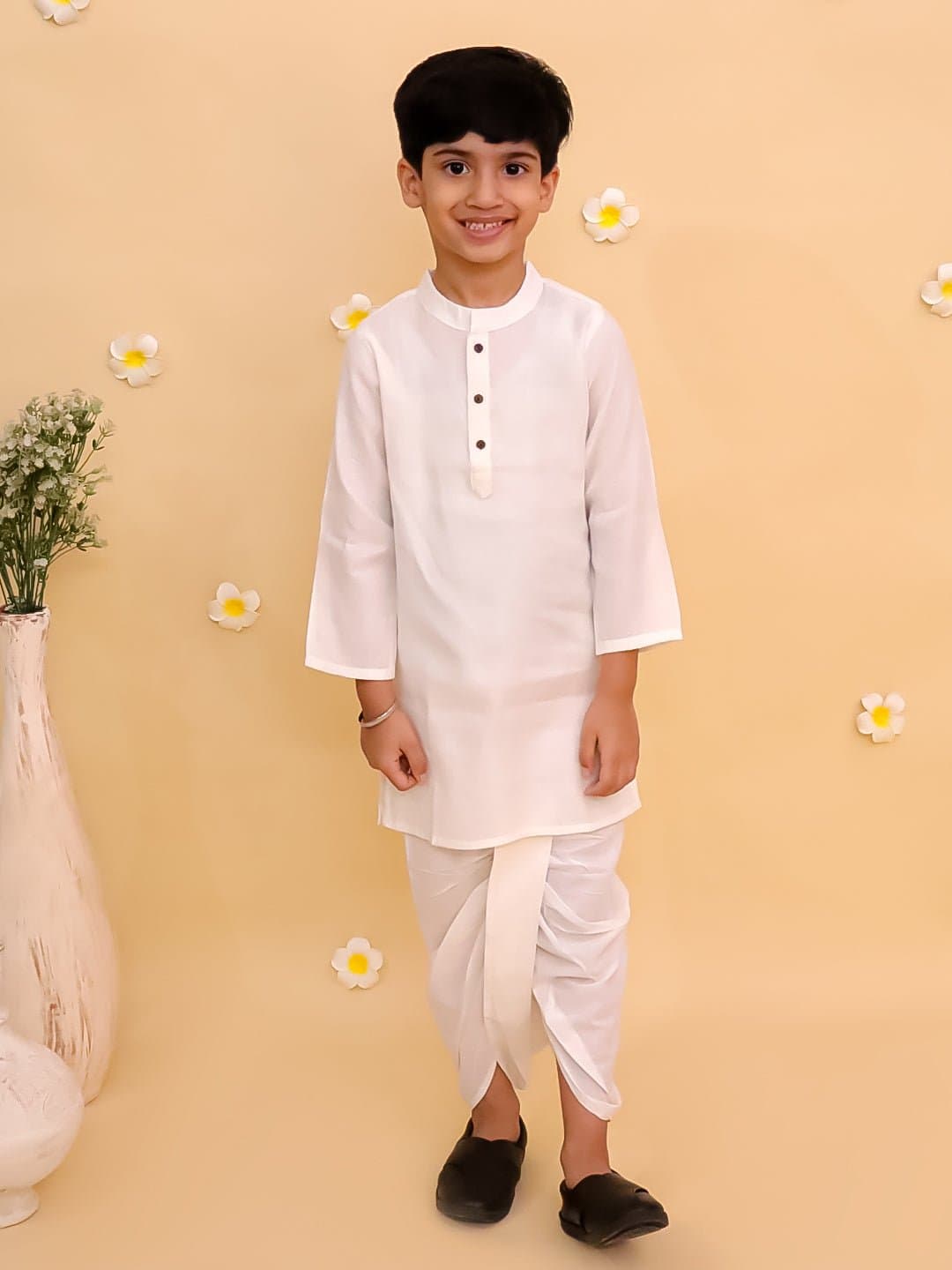 Boys White Casual Printed Regular Fit Kurta Set