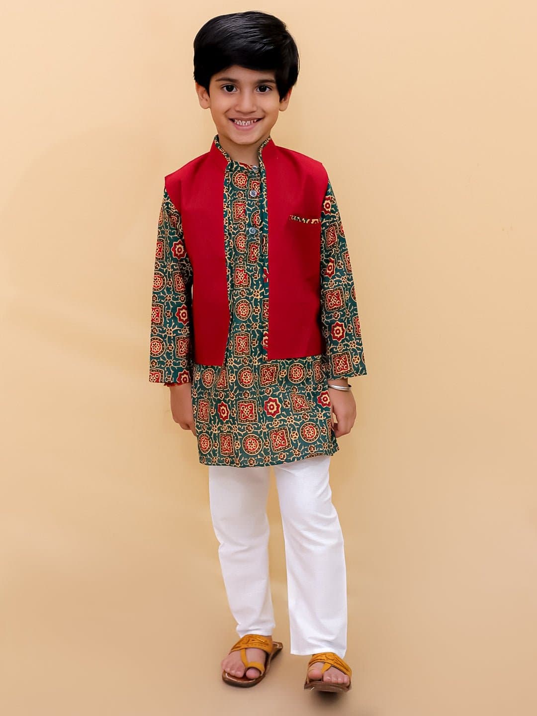 Boys Red Casual Printed Regular Fit Kurta Set