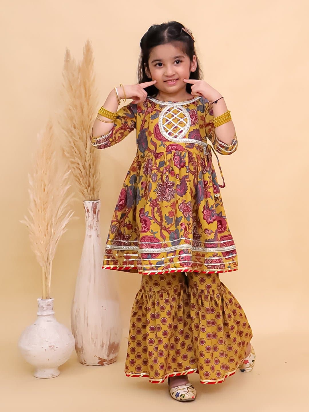 Girls Yellow Casual Printed Regular Fit Kurta Set