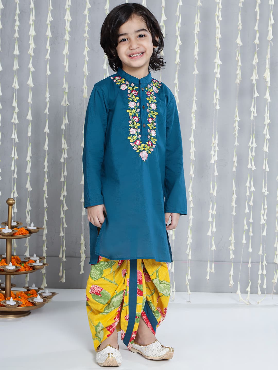 Boys Blue and Yellow Floral Embroidered Kurta with Dhoti Set