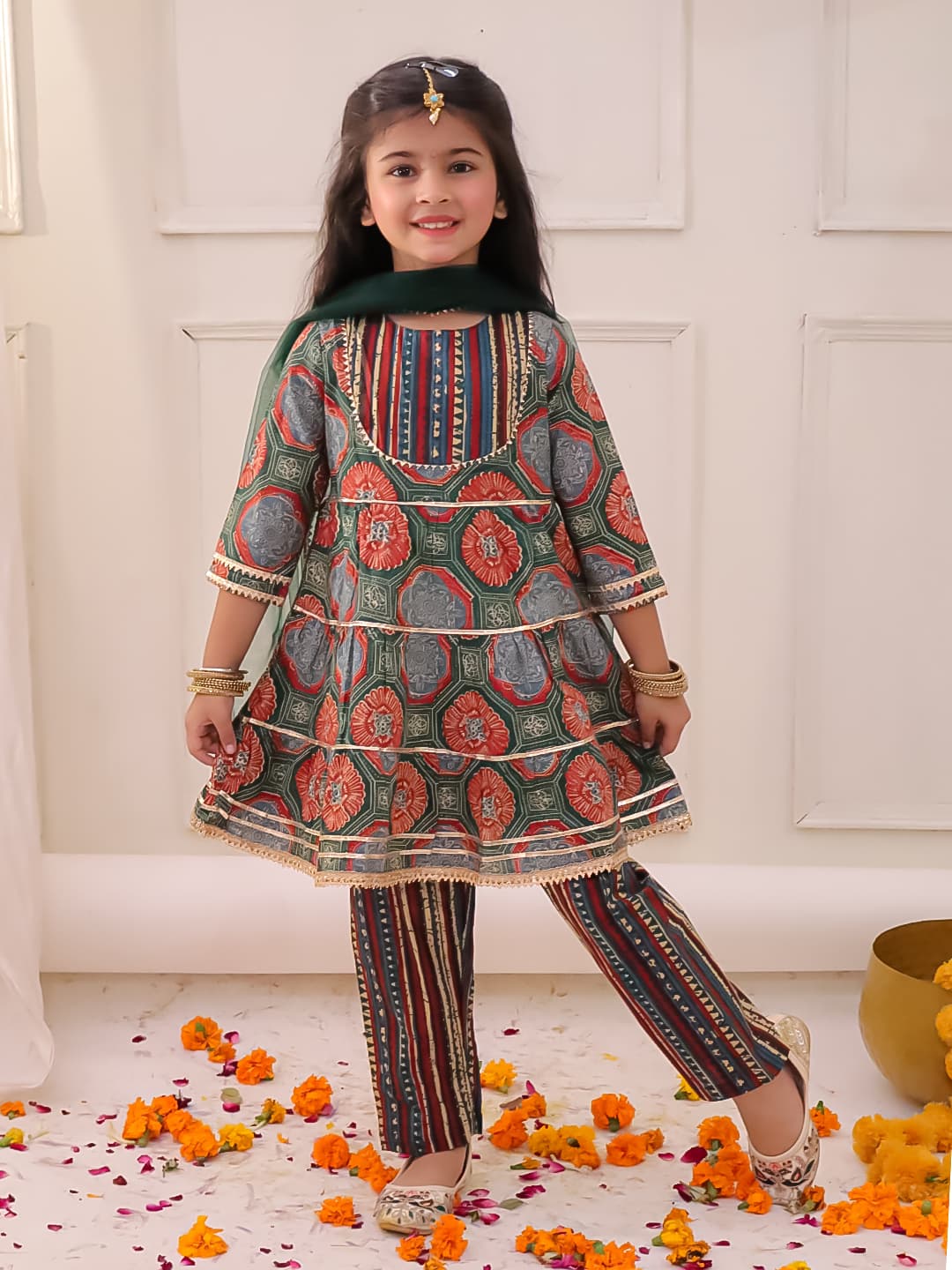 Girls Green 3-Tier Kurti with Trouser and Dupatta Set