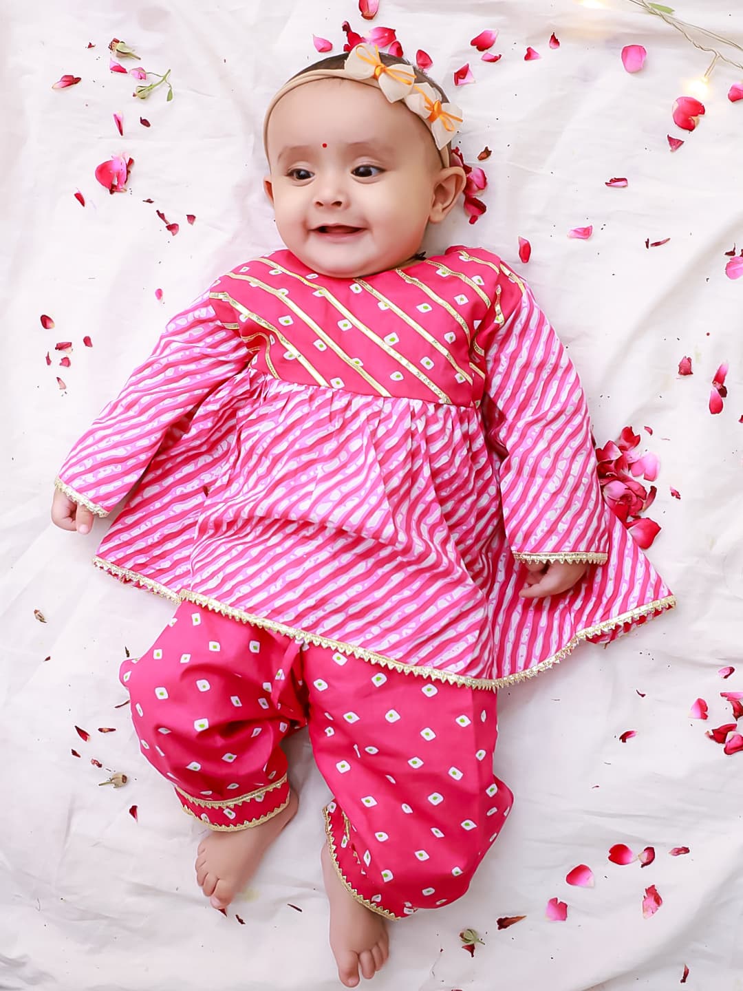 Girls Pink Printed Leheriya Peplum Top with Trouser
