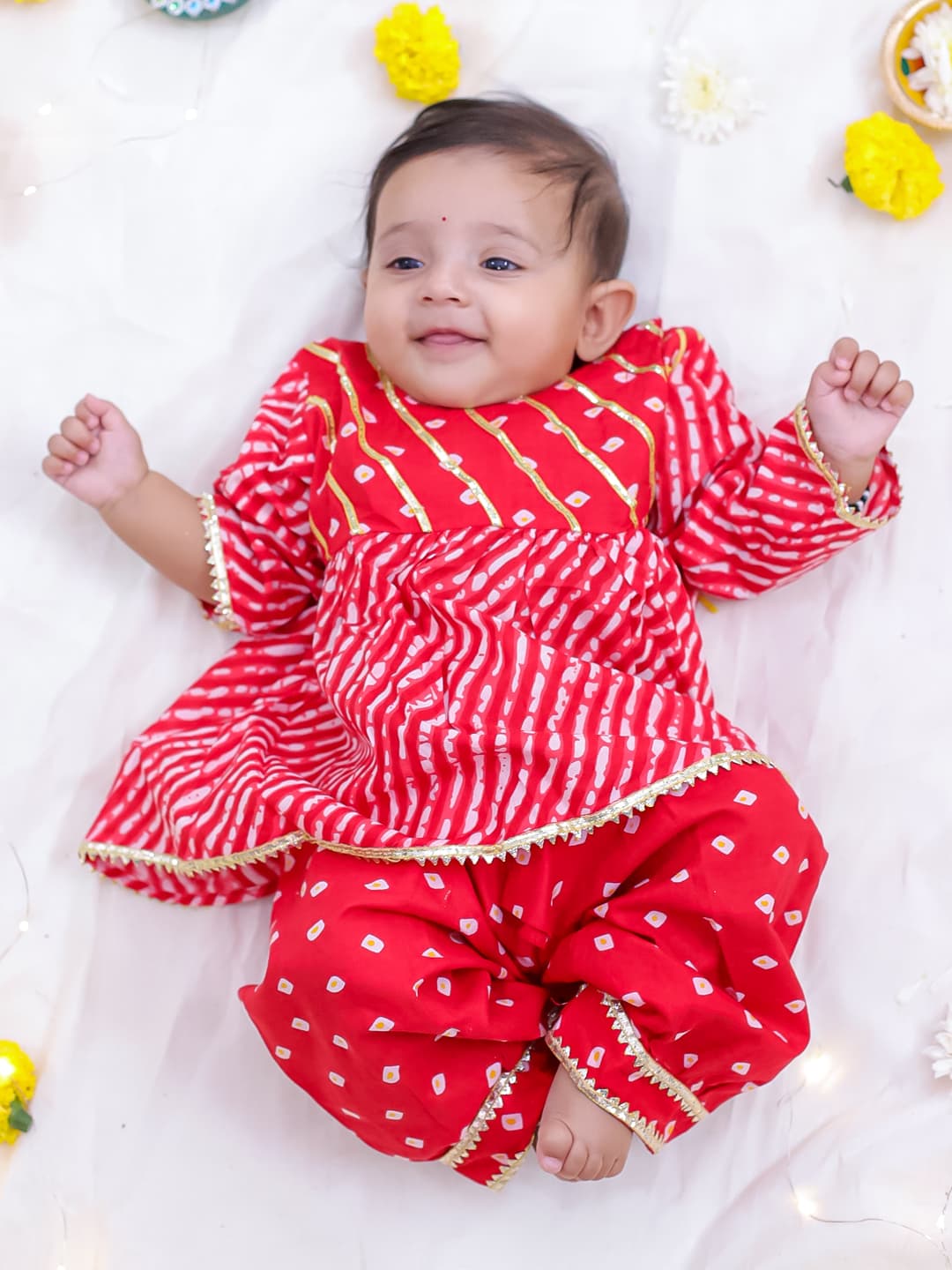Girls Red Printed Leheriya Peplum Top with Trouser
