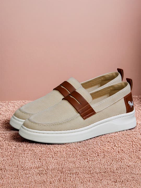 Men's Cream Casual Flat Knitted Round Toe Loafers