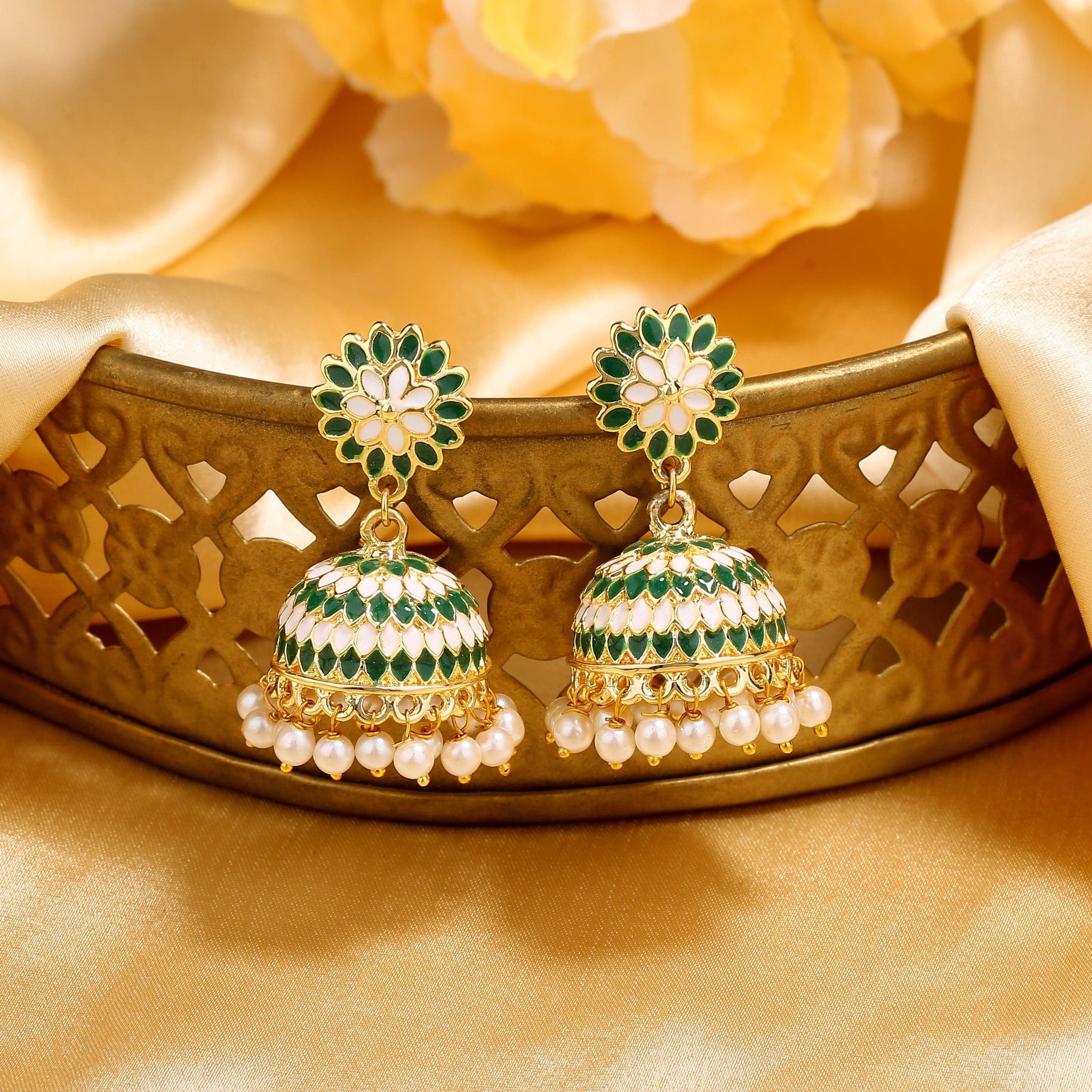 Women's Gold Tone Traditional Green Meenakari Jhumki Earrings with Pearls