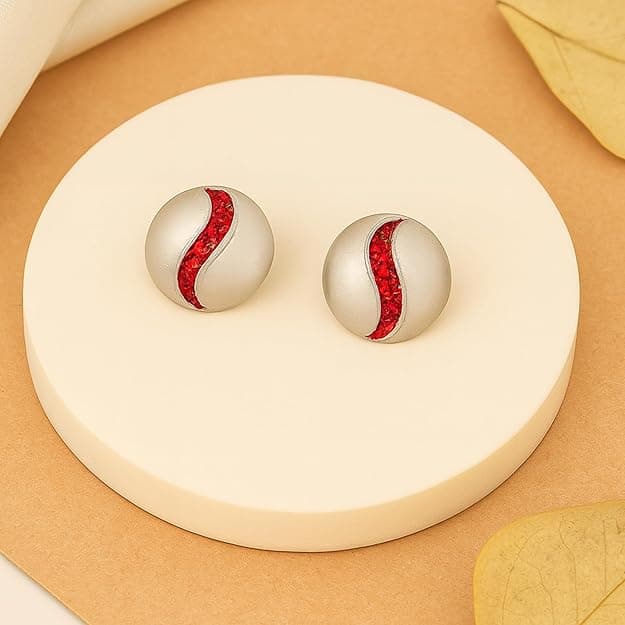 Women's Designer Rhodium Finish Round Earrings with Red Stone Detailing
