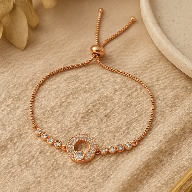 Women's Sparkle CZ Round Charm Bracelet Rose Gold Tone Party Wear Adjustable Fit