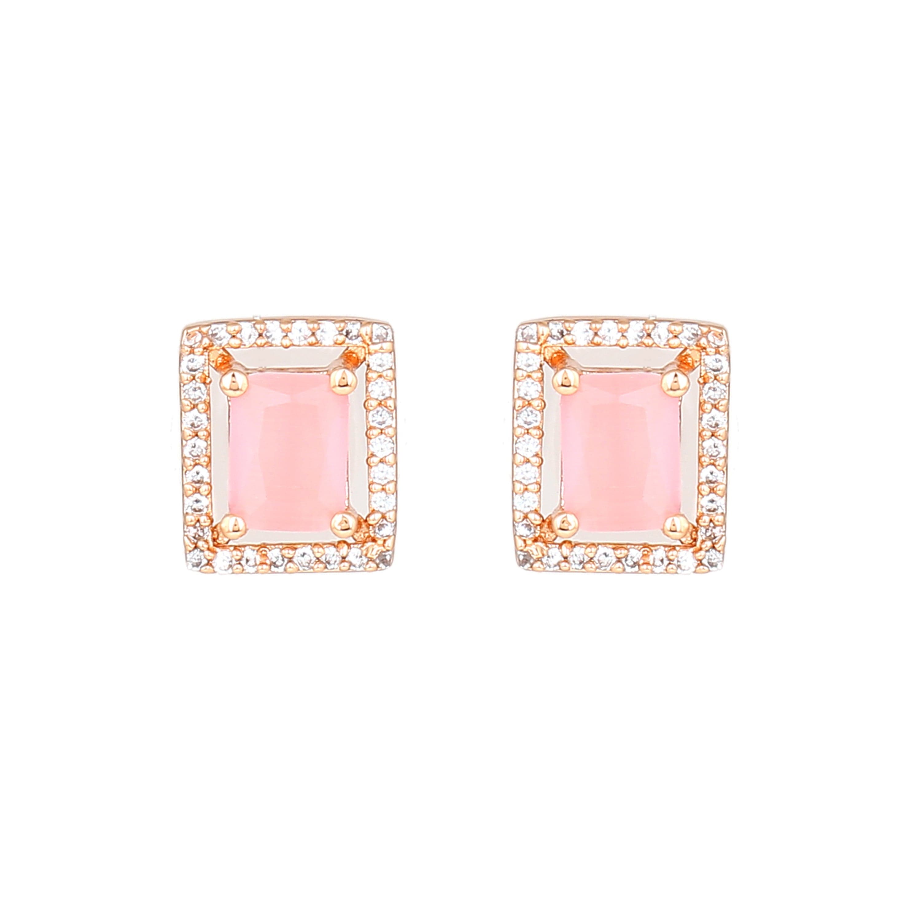 Women's Rose Gold Plated CZ Classic Designer Stud Earrings with Mint Pink Crystals