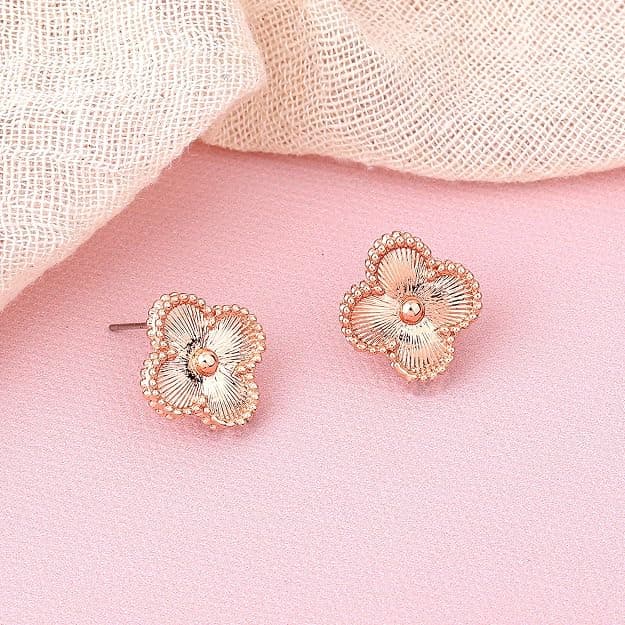 Women's and Girls Rosegold Plated Stylish and Trendy Four Leaf Clover Designer Stud Earrings
