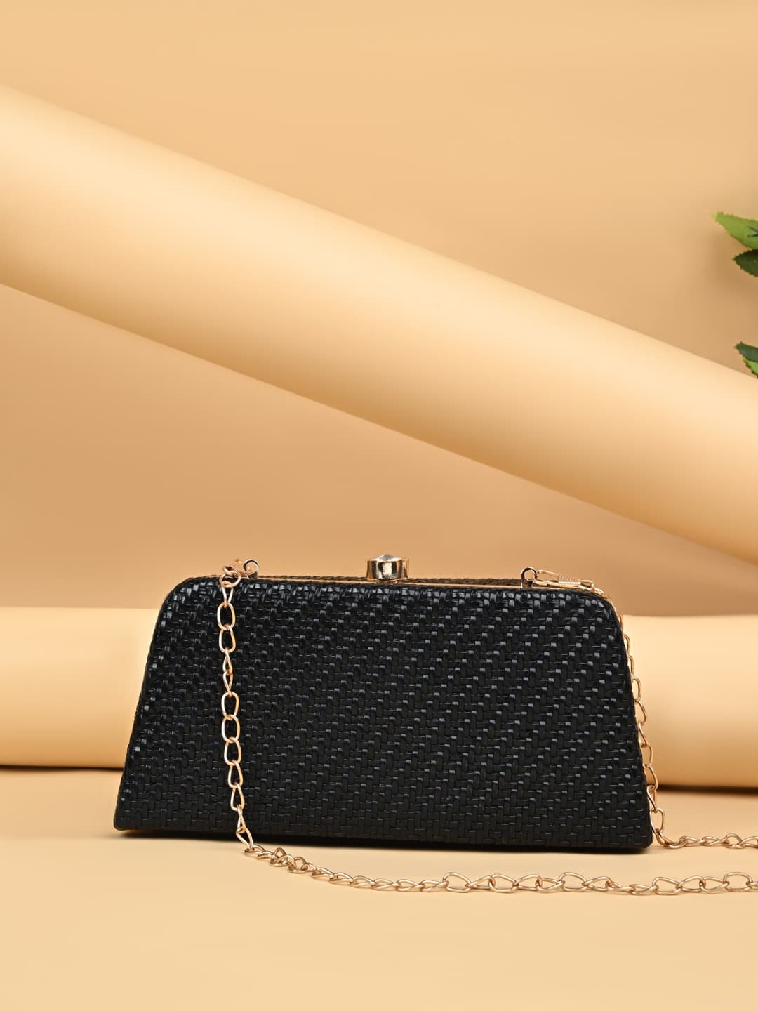 Women's Black Detachable Strap Textured Clutch Wallet