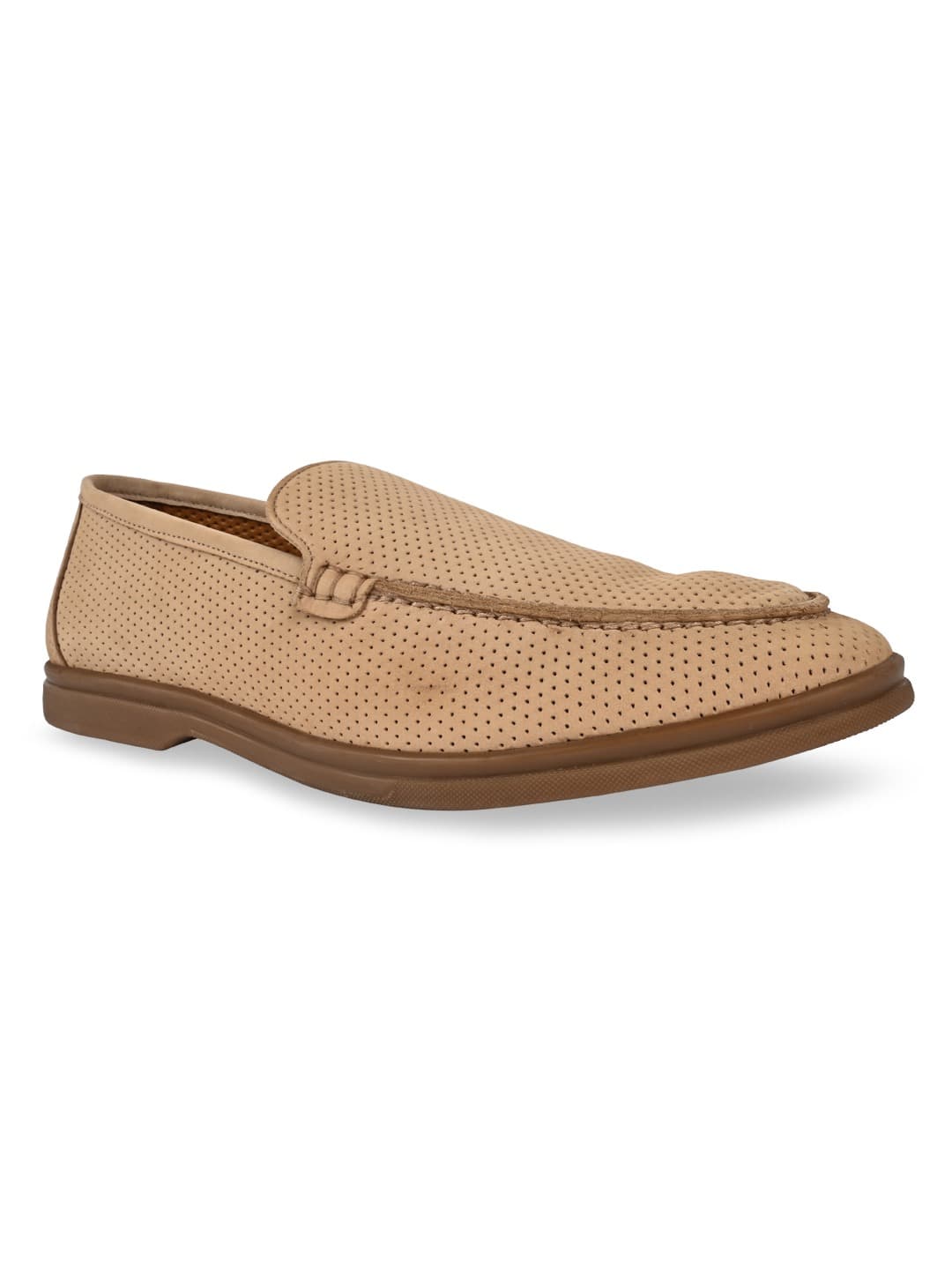 Men's Beige Laser Cut Suede Leather Slip Ons