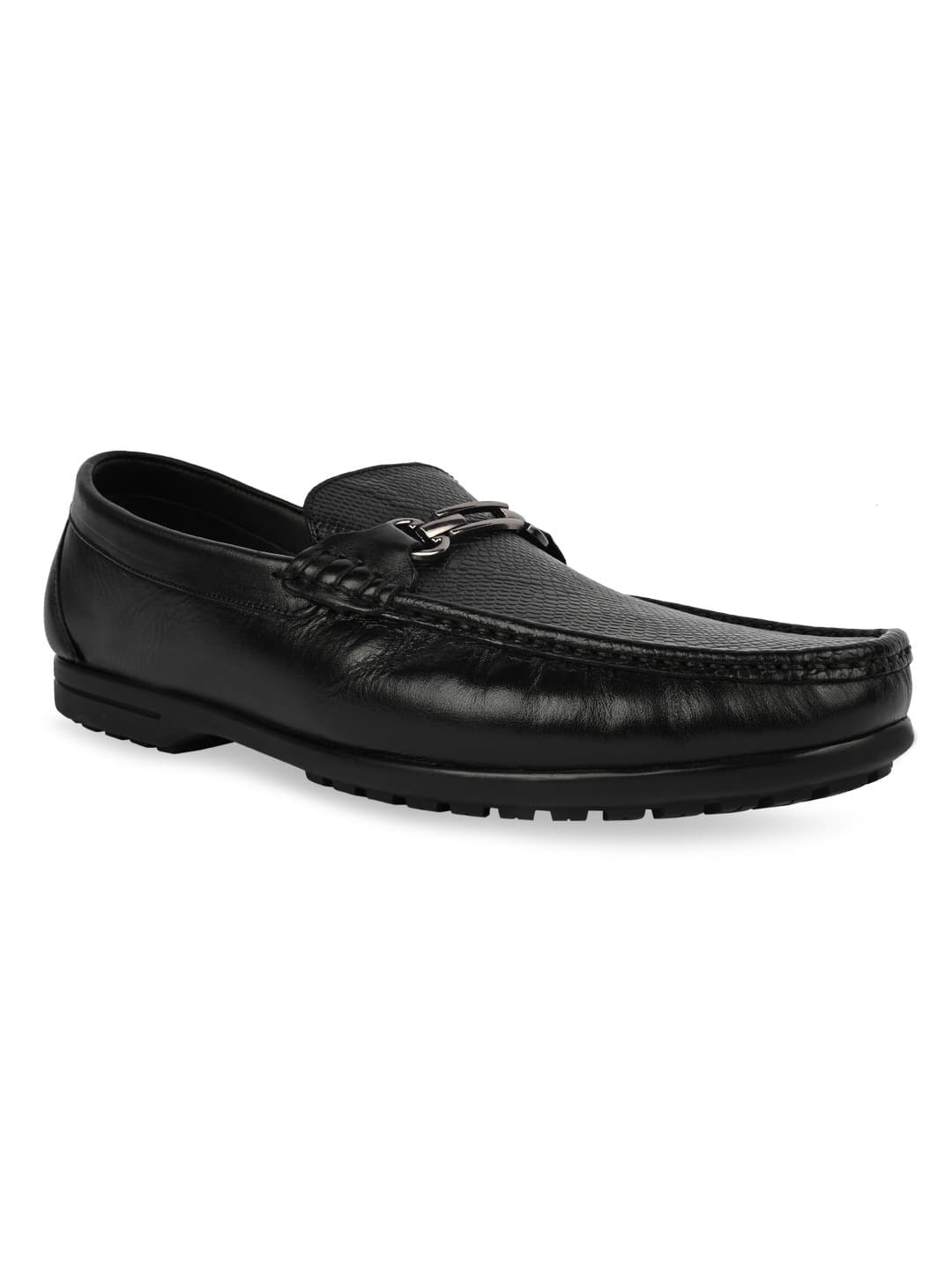 Men's Black Textured Leather Buckled Loafers