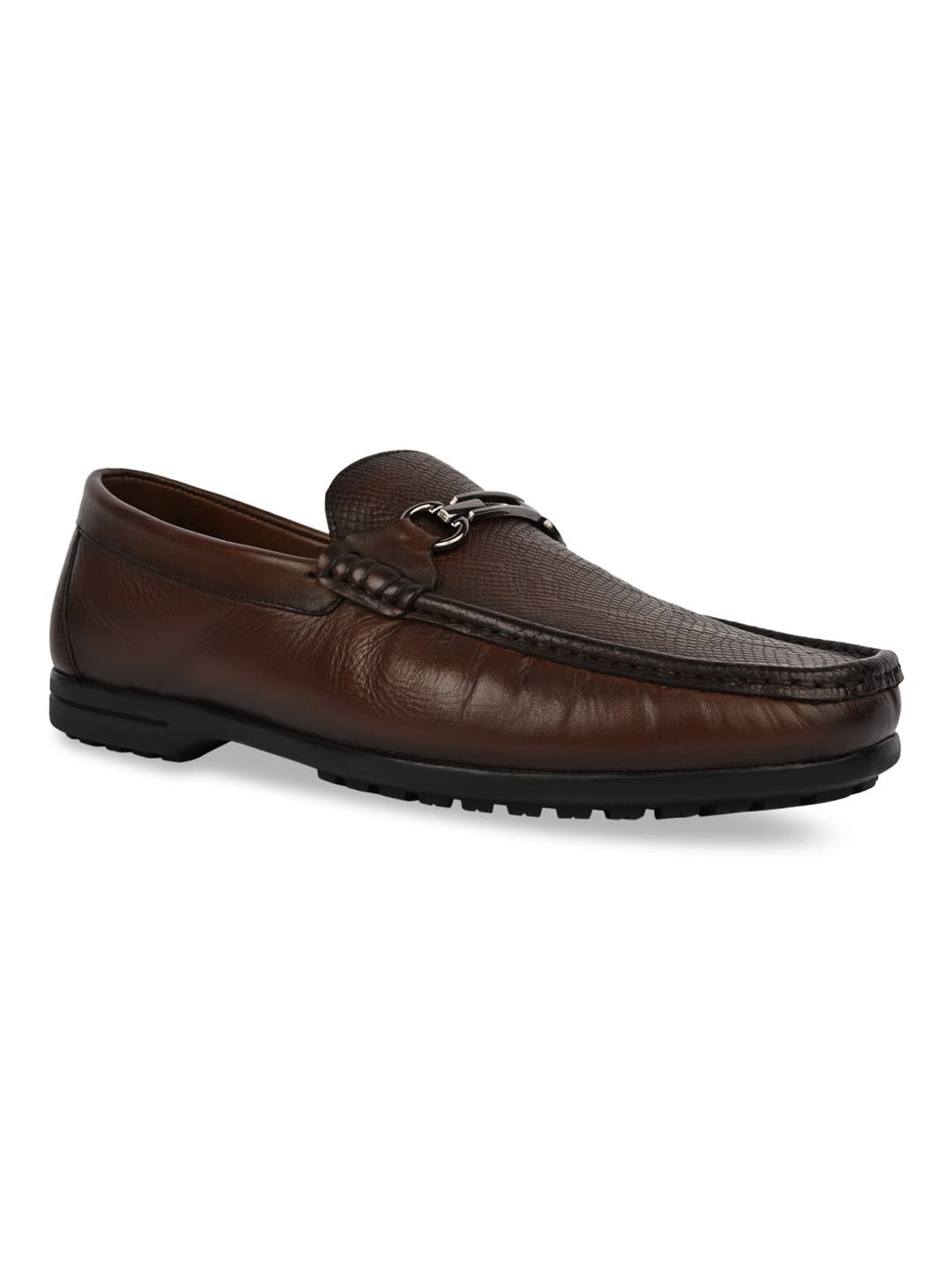 Men's Brown Textured Leather Buckled Loafers