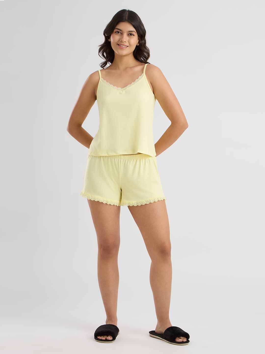 Women's Yellow Lace Trimmed Camisole and Shorts Set