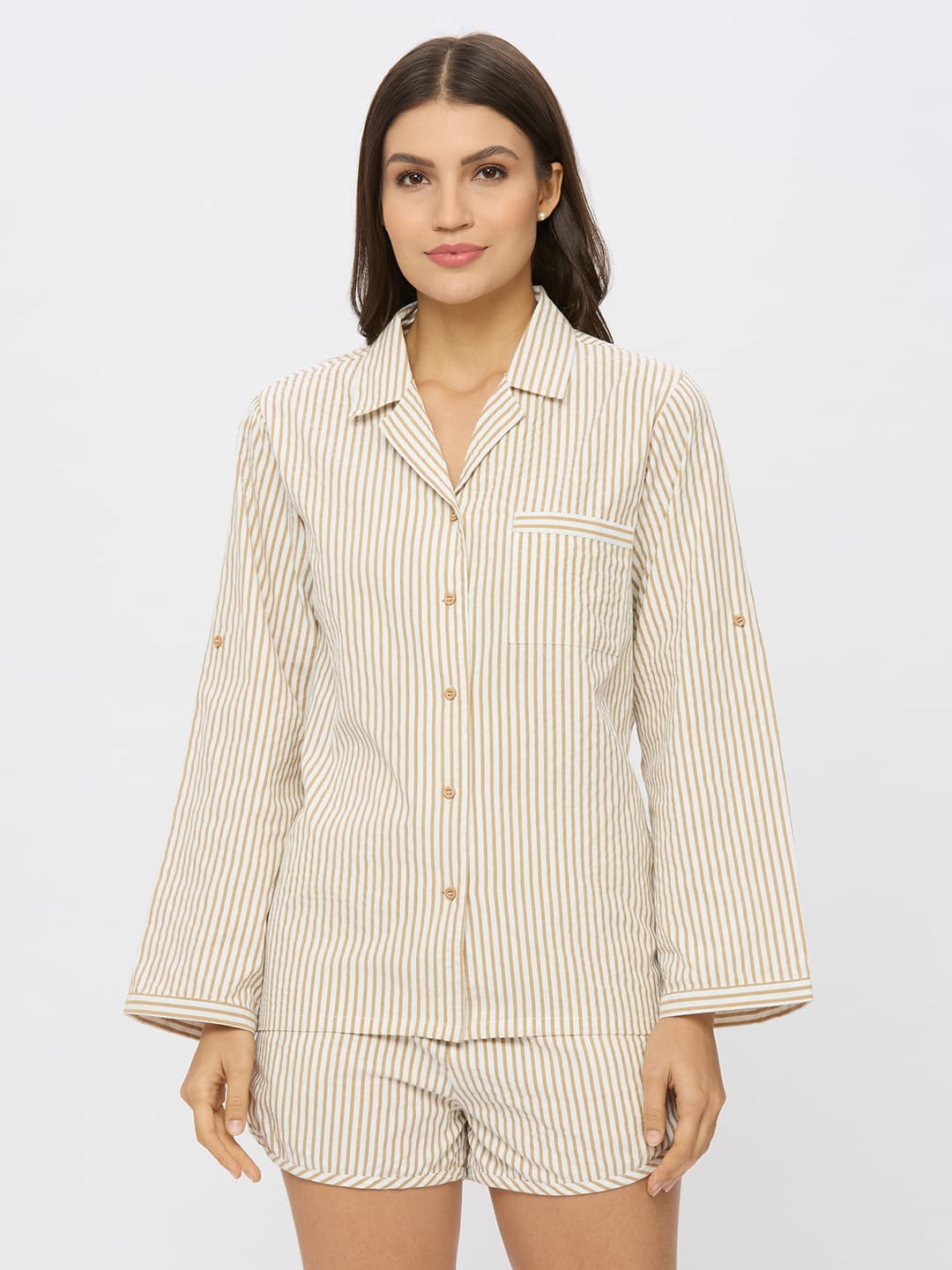 Women's White and Brown Cotton Seer Sucker Night Wear Set