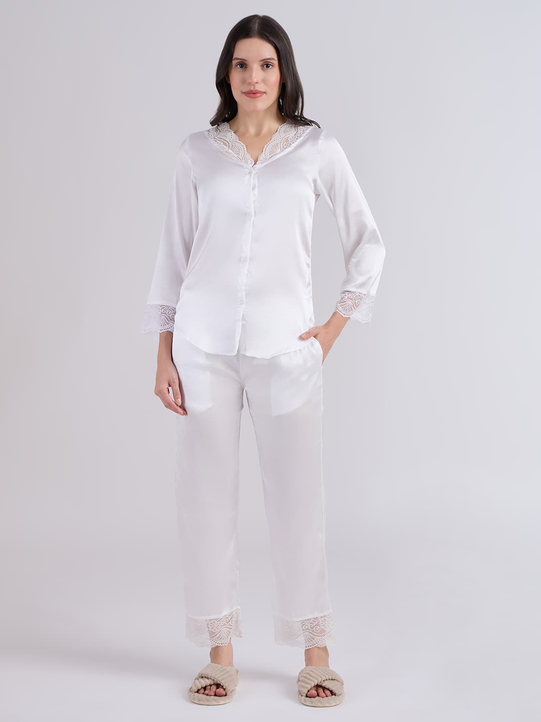 Women's White Lace Trimmed Shirt and Pyjama Set