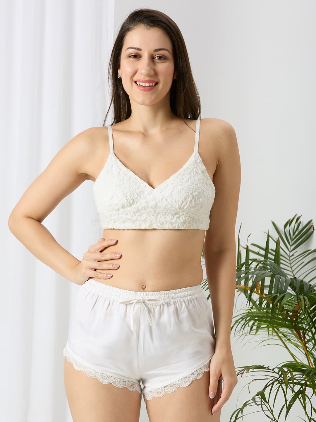 Women's Off White Lace Bralette and Shorts Set