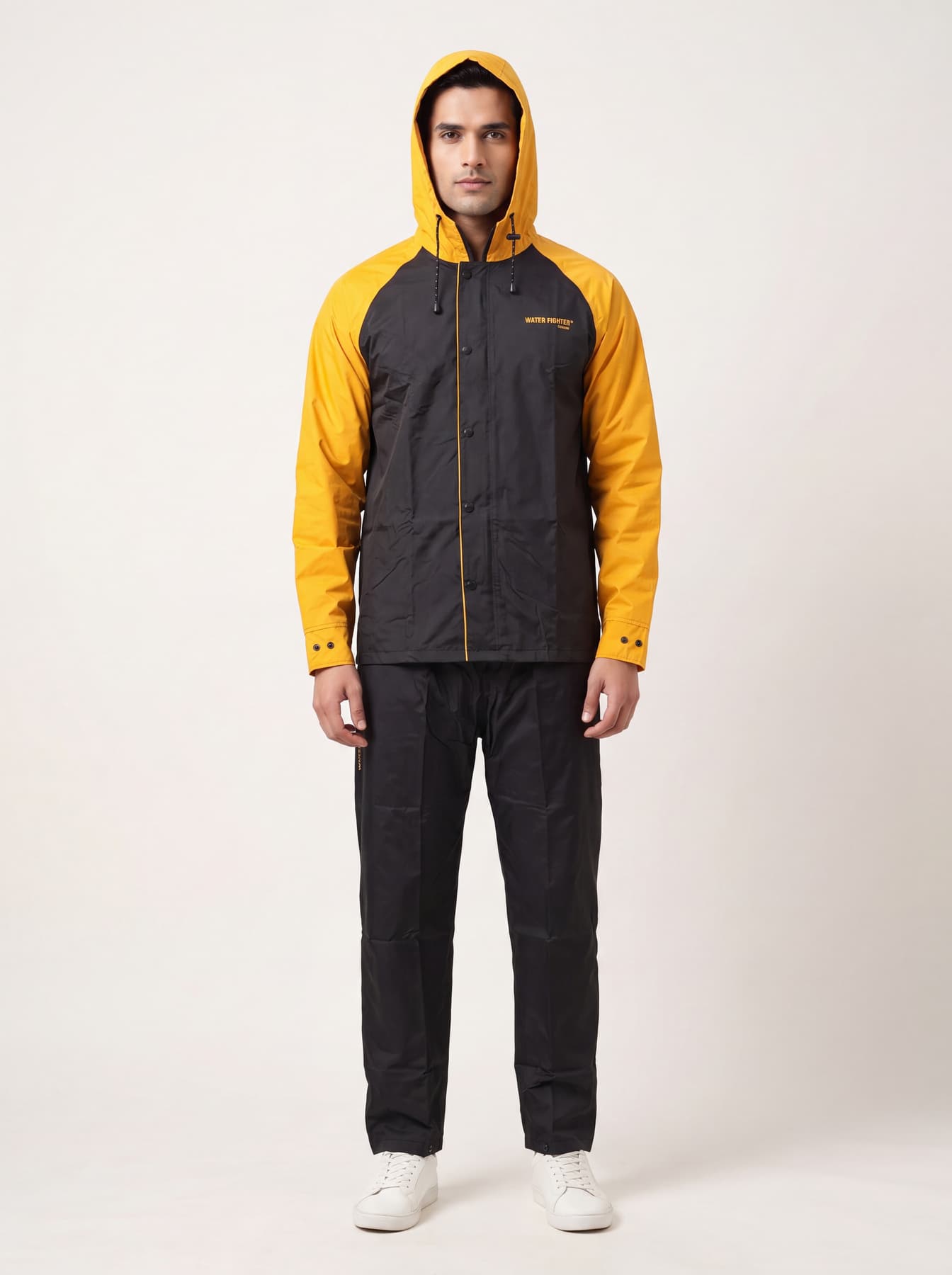 Men's Black and Yellow Hooded Neck Occassion Pvc Rain Suit