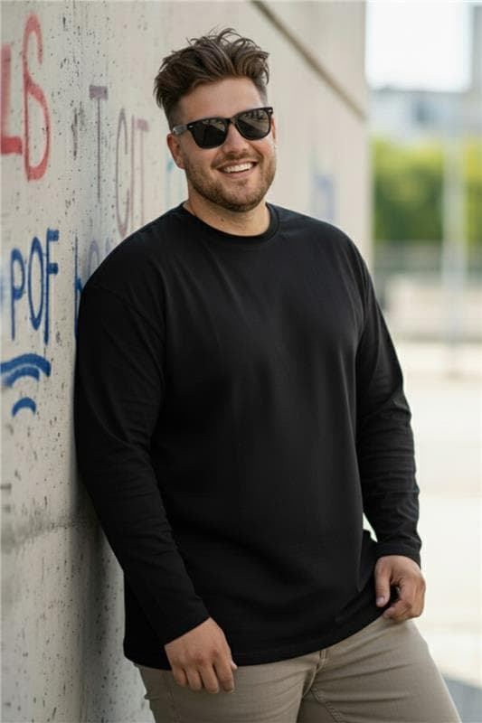 Men's Black Plain Full Sleeve Plus Size Tshirt