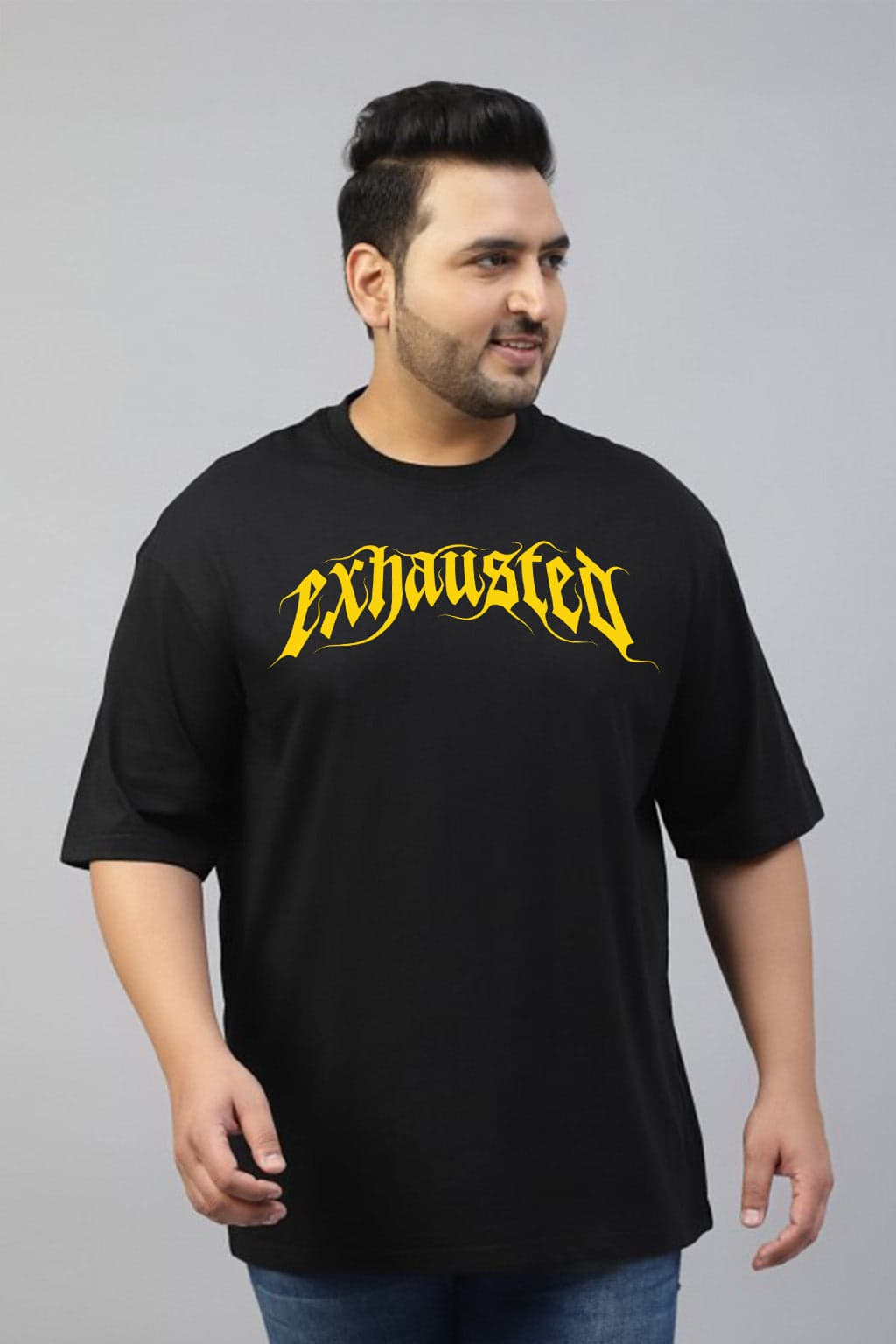 Men's Exhausted Black Graphic Printed Plus Size Tshirt