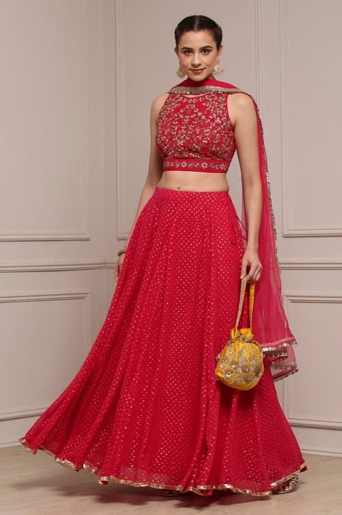 Women's Red Polyester Printed Lehenga Set