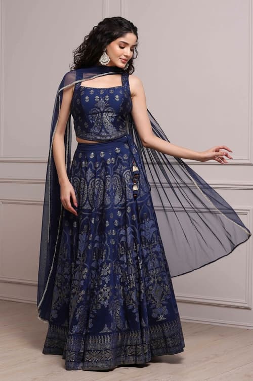 Women's Blue Fitted Printed Lightweight Lehenga Set