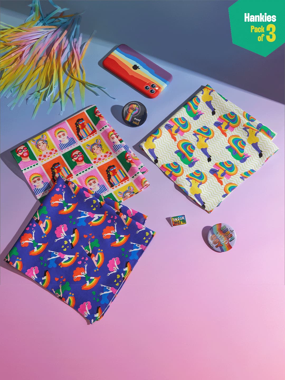 Unisex Multicolor Self Love Club Printed 46 x 46cm Cotton Hankies - Pack of 3